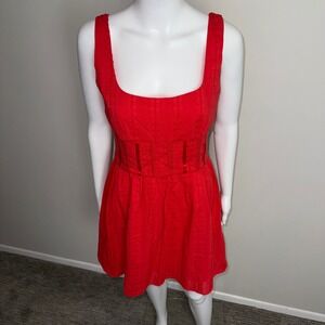 Commense Cotton Blend Red Sleeveless Mini Dress Fit and Flare Square Neck Size S